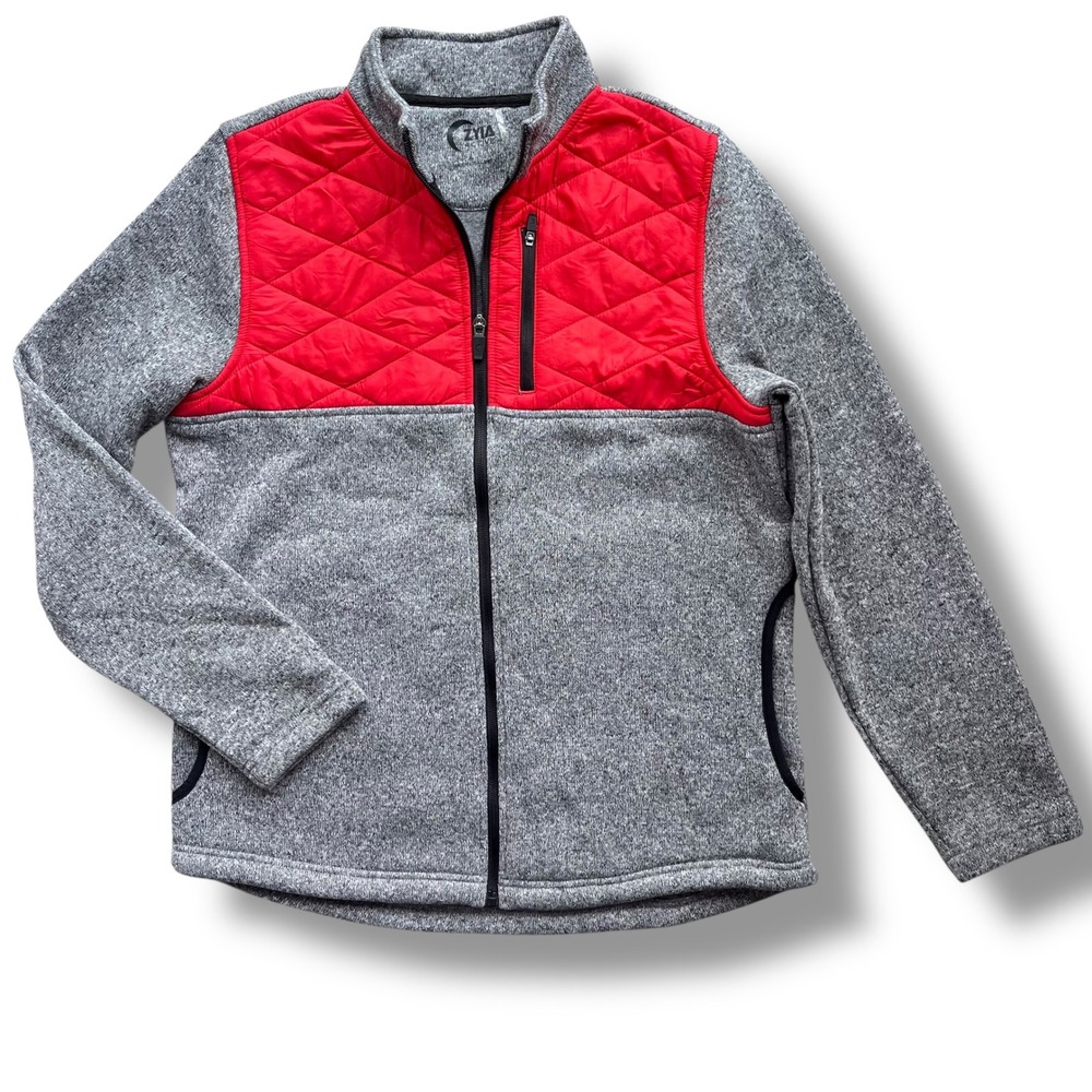 Zyia Active Women L Red Gray Full Zip Fleece Quilted Panel Ash Cabin Jacket Cozy